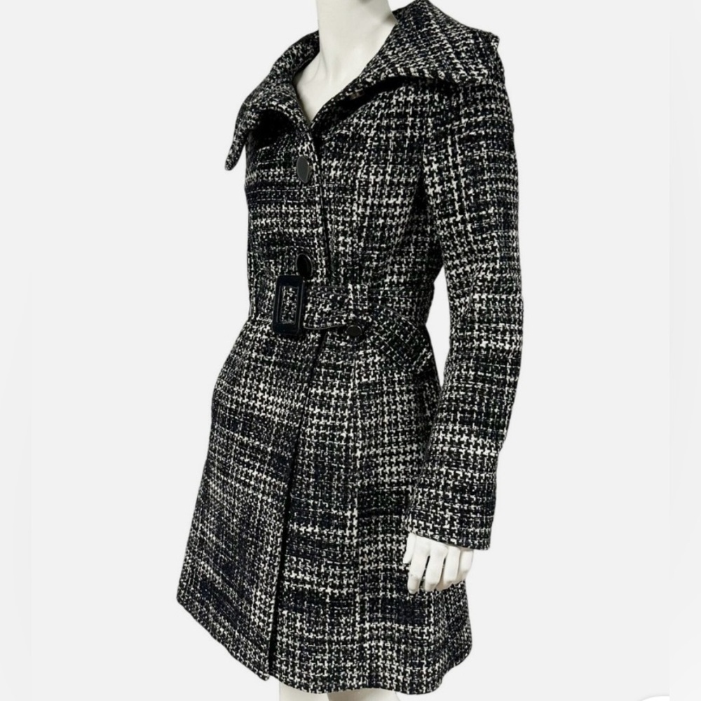 Soia & Kyo Wool Blend Tweed Belted Trench Coat - Black & White Houndstooth Small - Picture 3 of 12